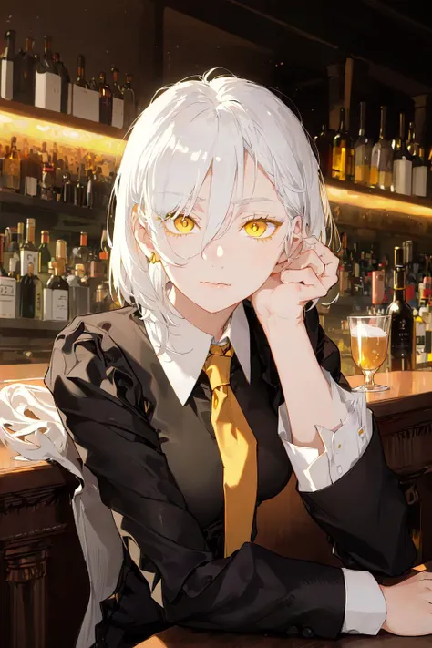 masterpiece, best quality, upper body, 1girl, white hair, yellow eyes, detailed eyes, half-closed eyes, shaded face, black necktie, medium breasts, collared shirt, black pants, sitting, elbow rest, (in a bar)
<lora:Yukiyoshi Mamizu_1 [6034]:1:1:lbw=0,0,0,0...