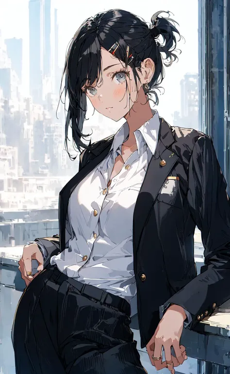 anime girl in a suit and tie standing on a ledge