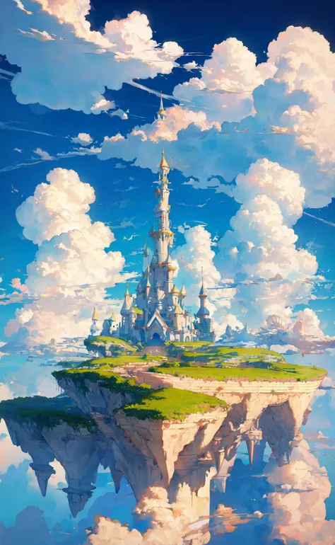 a painting of a castle floating in the sky with clouds