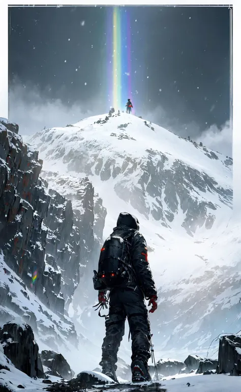 arafed image of a man standing on a mountain with a rainbow in the sky