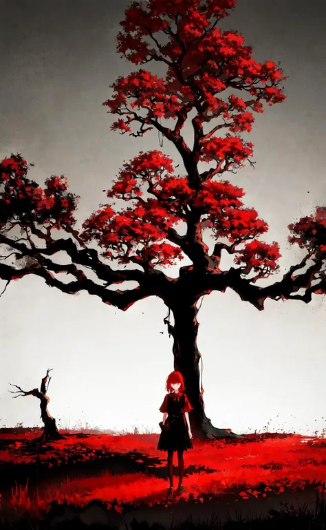 masterpiece, best quality, girl standing under the dead tree, black and red palette, eerie