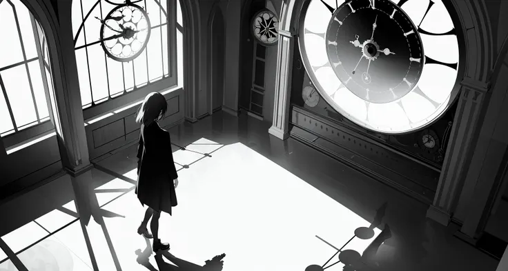 arafed image of a woman standing in a room with a clock