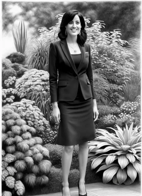 full body shot Charcoal drawing, Generate an image of a beautiful  female,  The subject has short, black hair and is wearing a professional clothes .shes wearing statement earrings. The clothing style is formal with dark Charcoal. Shes wearing a blazer as ...