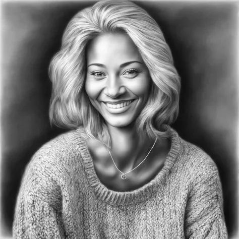 Charcoal drawing, Generate an image of an smiling female with a light skin tone, and an Average body type. The subject has silver hair and is wearing a cozy sweater. Her makeup is minimal and shes wearing a delicate necklace. The clothing style is classic....