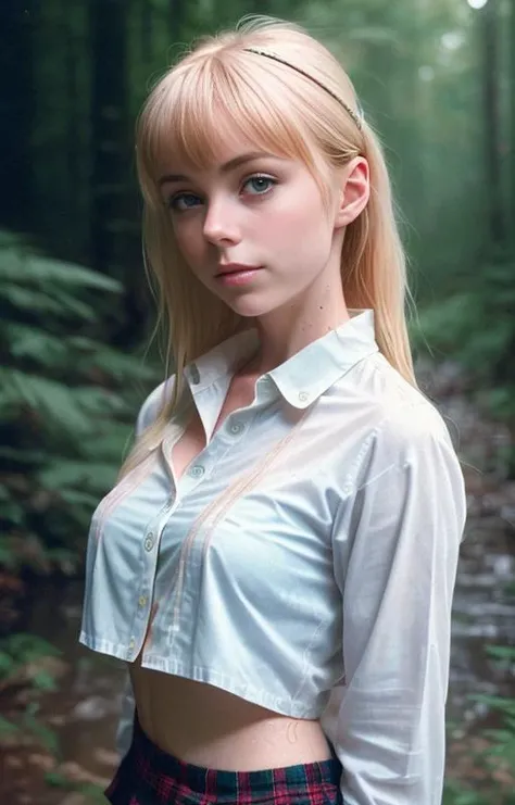 beautiful saraVoxelsd15-160 photograph in the style of a centerfold (laying on her back:1.1), (wearing pleated plaid mini skirt and wet white tight button up shirt:1.15), (in a forest that feels like a dream with delicate rain and fog:1.1), (detailed face)...