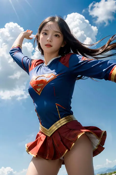 (Masterpiece), (best quality), capturing the perfect moment of a lone girl soaring through the sky in a Supergirl suit. Against a backdrop of vast azure skies, she exudes strength and grace as she glides effortlessly through the air. The wind whips through...