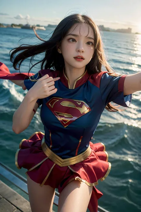 a woman in a superman costume is posing on a dock