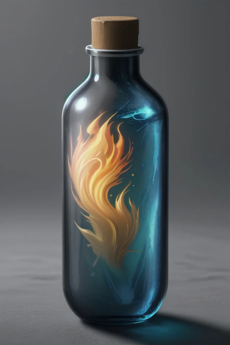 breathtaking full shot, hdr, dynamic lighting, (masterpiece, top quality, best quality, official art, beautiful and aesthetic:1.2),(8k, best quality, masterpiece:1.2), bottle full of liquid speed, transparent, no humans, pearlescent and gold and blue bottl...