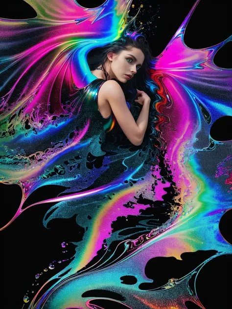 abstract dark fluid art, 1girl, (young girl:1.5) with (dragon wings:1.3) in water, solo, long hair, dress, standing, centered, (gold and marble:0.6), (splash:1.2), swirls, flow, dynamic, expressive, intricate, muted colors, (contrast:1.3), masterpiece, bes...