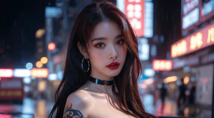 1  robot girl,cyberpunk,collar,blurry background,parted lips,piercing,science fiction,bare shoulders,looking at viewer,choker,depth of field,standing, tattoo,makeup,latex top,hoop earrings,cleavage,glowing,red lips,hologram lights,red hair, (raindrops on h...