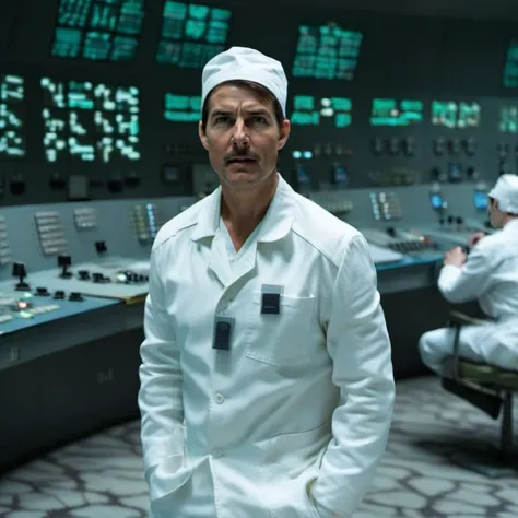 cinematic photo a tom cruise with a moustache in a white uniform in a nuclear powerplant control room <lora:technician1024:0.8> ...