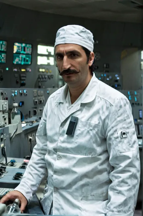 cinematic photo fares fares with a moustache in a white uniform holds vodka bottle in a nuclear powerplant control room <lora:te...