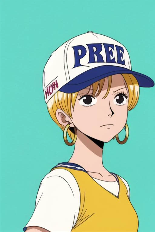 masterpiece, best quality, movie still, 1girl, aqua eyes, baseball cap, blonde hair, closed mouth, earrings, green background, hat, hoop earrings, jewelry, looking at viewer, shirt, short hair, simple background, solo, upper body, yellow shirt, solo, looki...