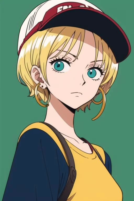 masterpiece, best quality, game cg, 1girl, aqua eyes, baseball cap, blonde hair, closed mouth, earrings, green background, hat, hoop earrings, jewelry, looking at viewer, shirt, short hair, simple background, solo, upper body, yellow shirt, solo, looking a...