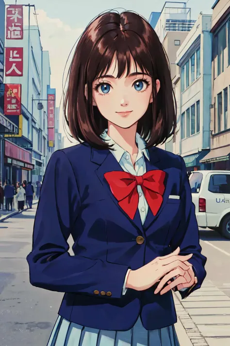 (best quality, masterpiece, RAW photo,ultra-detailed:1.2), <lyco:GoodHands-beta2:1.0>,1girl,solo,looking at viewer, smile,
qingzi,headx,retro artstyle,perfect body, school uniform,skirt, brown hair, pleated skirt, long sleeves, (bow), blazer, blue eyes, <l...