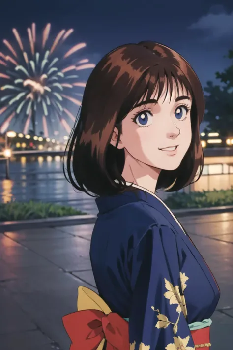 masterpiece,best quality,highres,RAW photo,ultra-detailed,1990s (style),detailed face,detailed eyes,animification,1girl,solo,<lora:qingzi2:0.6>,retro artstyle,perfect body,brown hair,blue eyes,medium breasts,outdoors,kimono,smile,street,night,aerial firewo...