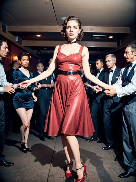 arafed woman in red dress dancing with a group of people