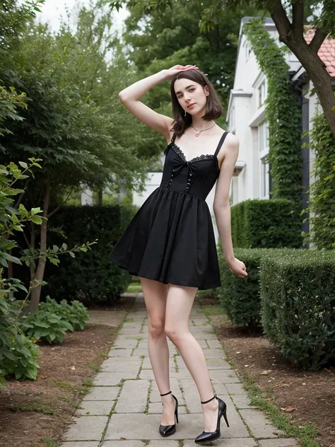 A seductive 25yo european man, crossdressing wearing a skater dress, very high heels, solo, garden , <lora:flat_chest_v2:0.8> ((flat chest))