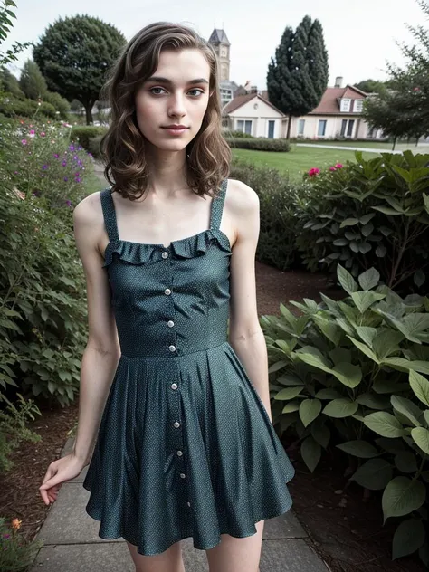 arafed young woman in a green dress standing on a sidewalk