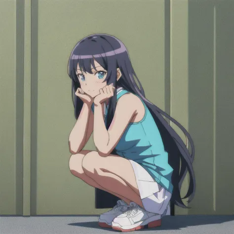 anime girl kneeling on the ground with her hand on her face