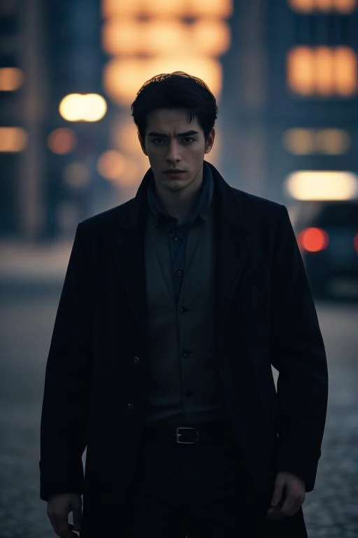 a man in a black suit standing on a street at night