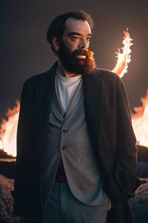 a man with a beard and a suit standing in front of a fire