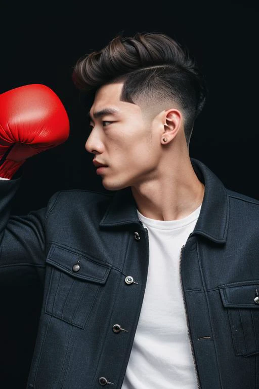 a man in a denim jacket and red boxing gloves