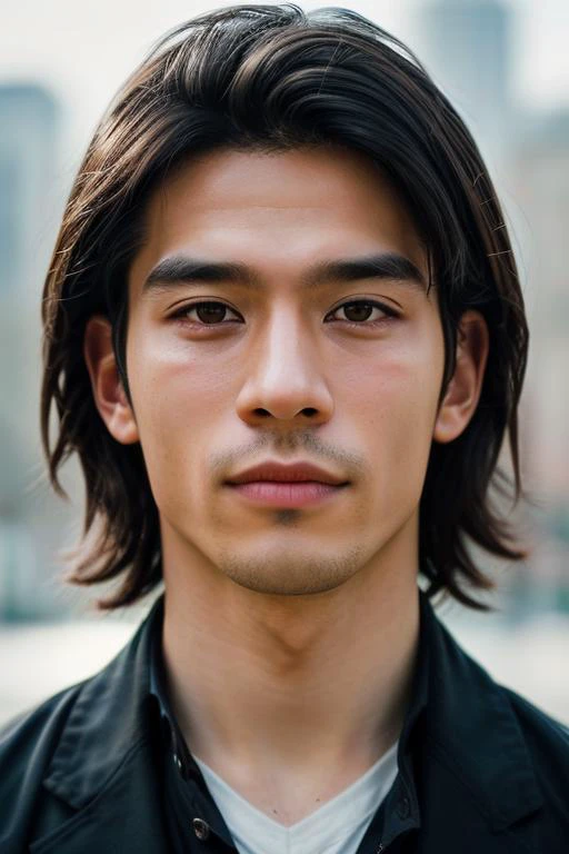 a close up of a man with a black jacket and a city in the background