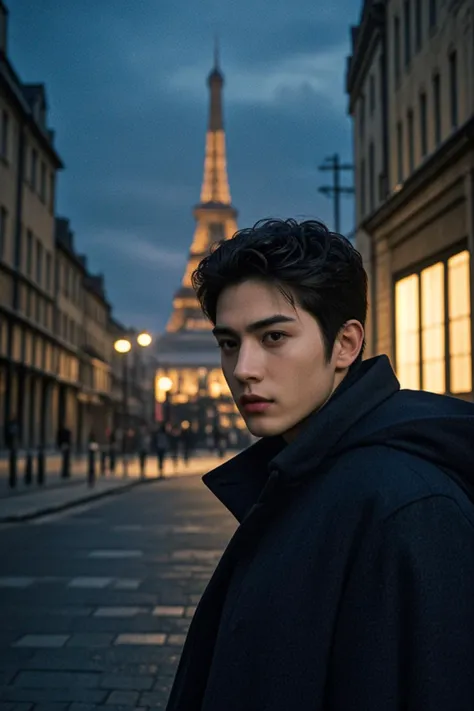 arafed image of a man in a black coat standing in front of a building