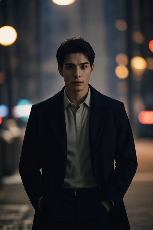 a man in a suit standing on a city street at night