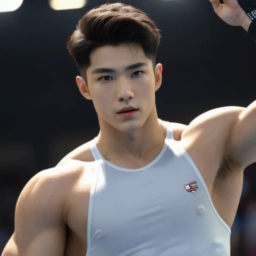 ((masterpiece)),((bestquality)),8k,high detailed,ultra-detailed, Neutral Expression, Stylish Pose, real skin texture, cinematic lighting, Once you see him, you wont be able to take your eyes off of him. He is a handsome gymnast with a chiseled physique and...