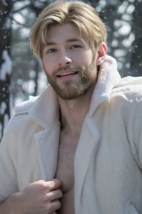 Ultra Realistic cinematic Photo of a bearded neat blonde smiling 23yo male model, full-body from above, with slim-fit muscles, thin waist, V-shaped body and six-pack (which you even while he is covered with a Santa couth).  He is in snowly forest .The man ...