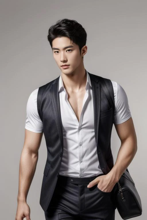 a man in a black vest and white shirt is posing