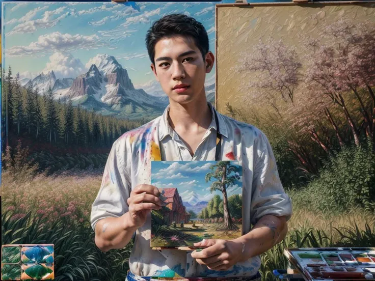 (((HDR,UHD,8K,best quality,masterpiece,Insane Details))),(((high quality photography, Canon EOS R3, photorealistic))),1boy,solo,slim Asian boy,(((a man with a drawing board is painting in oils))),highly-detailed illustration,colorful energetic brush stroke...