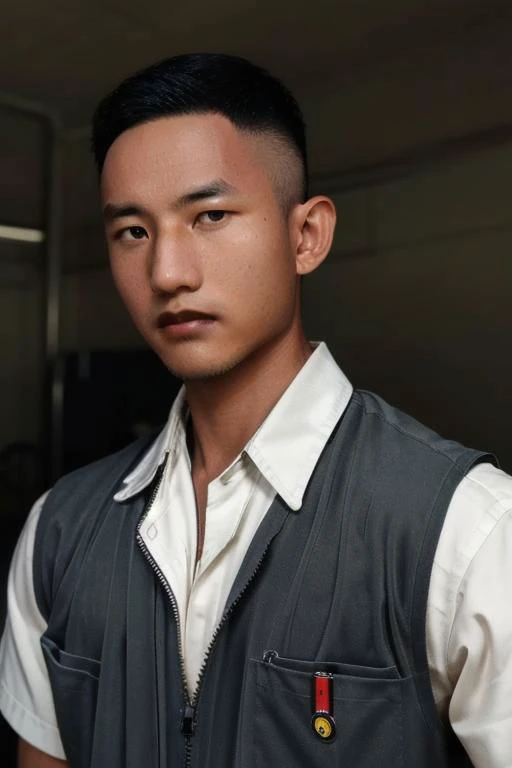 1man, professional photo of syahnk , In the style of (norman rockwell), 1950s gasstation, muscular mechanic , jumpsuit ,photorealistic,army hairstyles, dark skinned male,sweating_profusely, workout