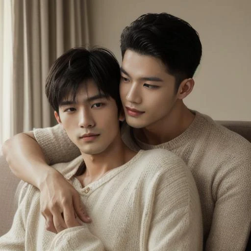 two asian men sitting on a couch with their arms around each other