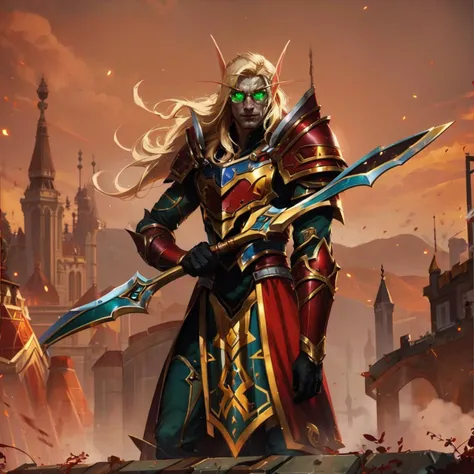 <lora:bloodelf-warcraft-richy-v1:0.8> bldelf, 1boy, verage age, blonde hair, long hair, green eyes, world of warcraft, gold and red armor, cinematic lighting, glasses, double-sided glaive, ash, looking at viewer, chaos background,silent anger