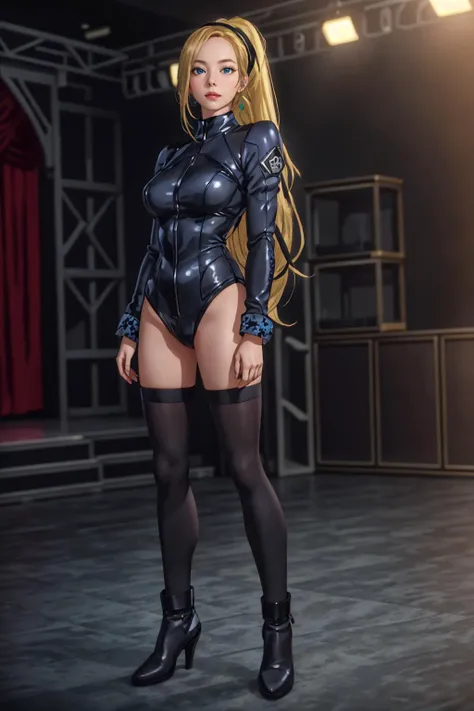 highres,absurdres,masterpiece,best quality,original,extremely detailed CG,extremely detailed wallpaper,perfect lighting,looking at viewer,bare hands,standing on stage,1girl,blurry background,
<lora:Mick_Jack_GReconguista-KK77-V1:0.6>, blue and black outfit...