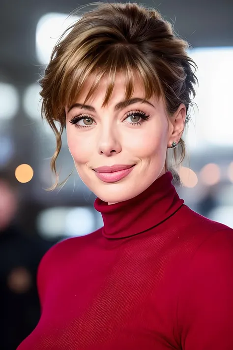 photo of beautiful (klebr0ck-200:0.99), a woman as a TikTok celebrity, hair upsweep updo, (elegant red turtleneck top:1.2), at the airport, suitcase, dark moody ambience (masterpiece:1.2) (photorealistic:1.2) (bokeh) (best quality) (detailed skin:1.2) (int...