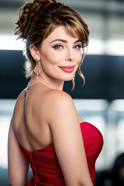 photo of beautiful (klebr0ck-200:0.99), a woman as a TikTok celebrity, hair upsweep updo, (elegante red dress:1.2), at the airport, suitcase, dark moody ambience (masterpiece:1.2) (photorealistic:1.2) (bokeh) (best quality) (detailed skin:1.2) (intricate d...