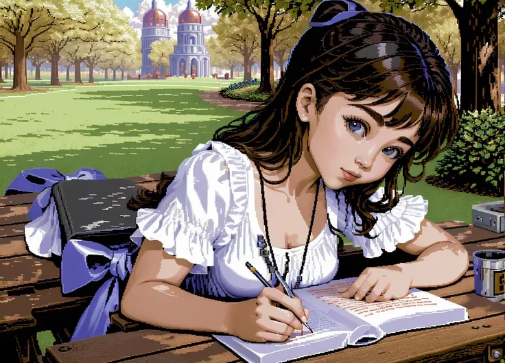 masterpiece, best quality,pixel art, low contrast,1girl writing a book in a park table <lora:C64graph:0.7>