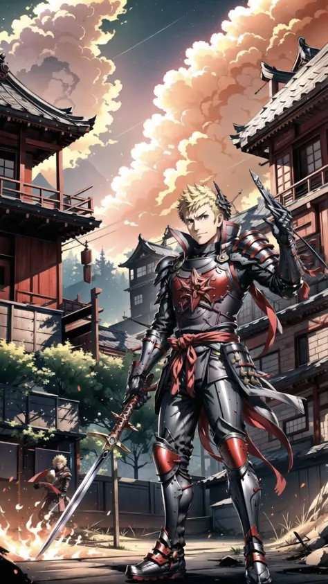 a man in armor holding two swords standing in front of a building