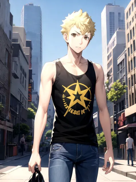 anime man in black tank top walking down a city street