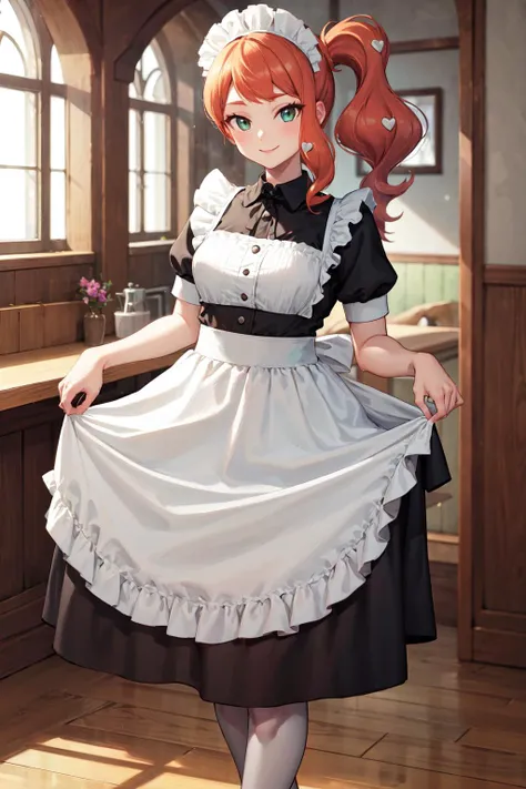 masterpiece,best quality,highres,ultra-detailed,aasonia,eyelashes,long hair,side ponytail,heart hair ornament,<lora:sonia_(pokemon):0.8>,indoors,cafe,maid,maid headdress,apron,(skirt hold:1.2),standing,cowboy shot,smile,