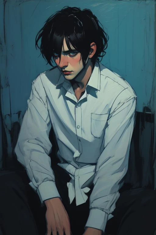 Malcolm Liepke, seated male, short middle part black hair, wearing white button up shirt, closeup, , masterpiece, best quality, dark high contrast colorful saturated, neon blue and red, rough scribbling, looking at viewer, sharp focus, film grain, haunted ...