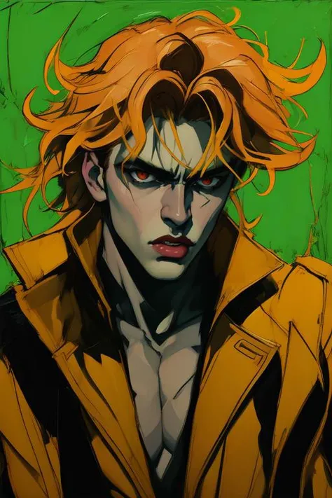 Malcolm Liepke, dio brando, masterpiece, best quality, dark high contrast colorful saturated, , artistic pose, highly detailed, crisp texture, cinematic lighting, yellow pants, wearing yellow jacket, green headband, solo++, red eyes, centered bust portrait...