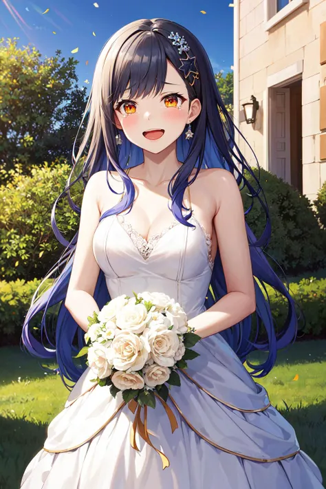 masterpiece, best quality, highres, aaan, long hair, multicolored hair, gradient hair, hair ornament, orange eyes, <lora:shiraishi_an_v1:0.7>, wedding dress, smile, open mouth, tears, holding bouquet, garden, confetti, standing, cowboy shot,