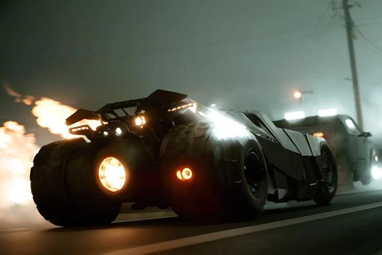 analog gloomy photo of a Tumbler car, <lora:b4tm0b1l305:1>, racing down an avenue at night, city buildings on fire, outrun, explosions in the background, tracer gunfire, High Detail, Sharp focus, ((photorealism)), realistic, best quality, 8k, award winning...