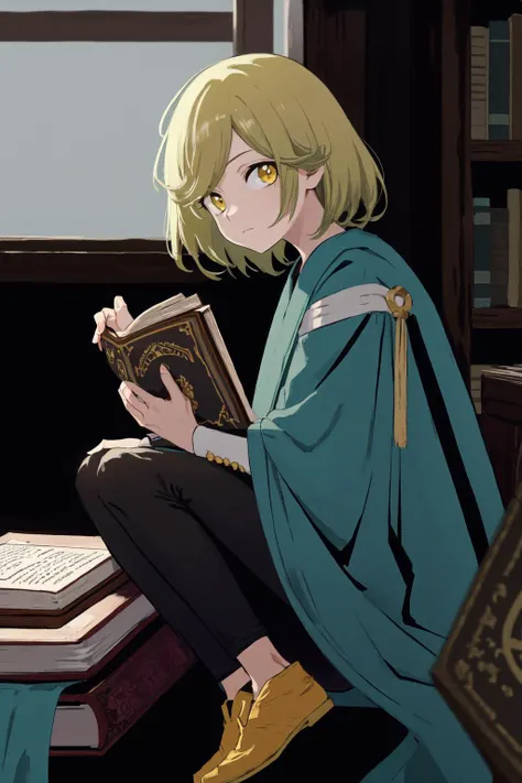 masterpiece, best quality, highres, 1girl coco, default robe long sleeves white dress black pants yellow footwear <lora:coco_witch_hat_atelier:1> sitting, holding books, book stack, looking at viewer, from side, blue robe