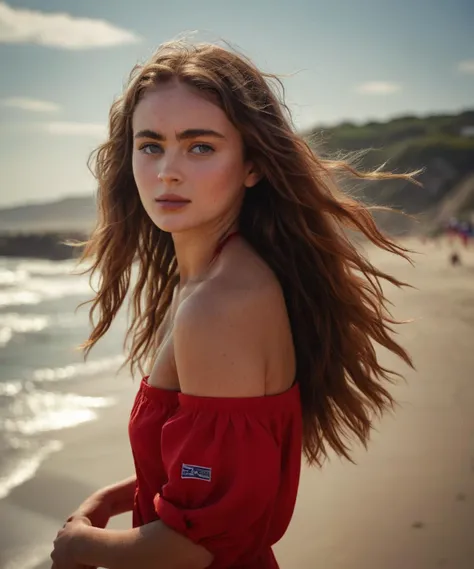 head and shoulders portrait,beautiful woman is a baywatch lifeguard,walking,kind_smile,red shirt,red shorts,wind blowing hair,at...